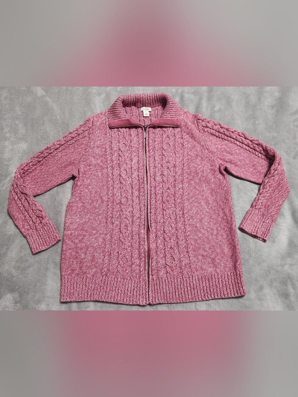 L.L. Bean Pink Full-Zip Cable-Knit Cotton Cardigan - Women's XL